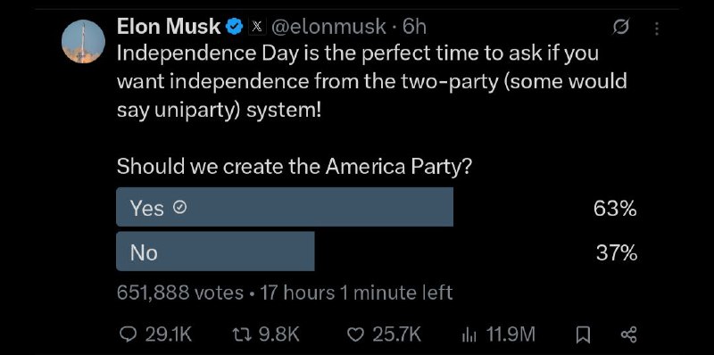 Elon musk getting vote of America Party on his X handeler.